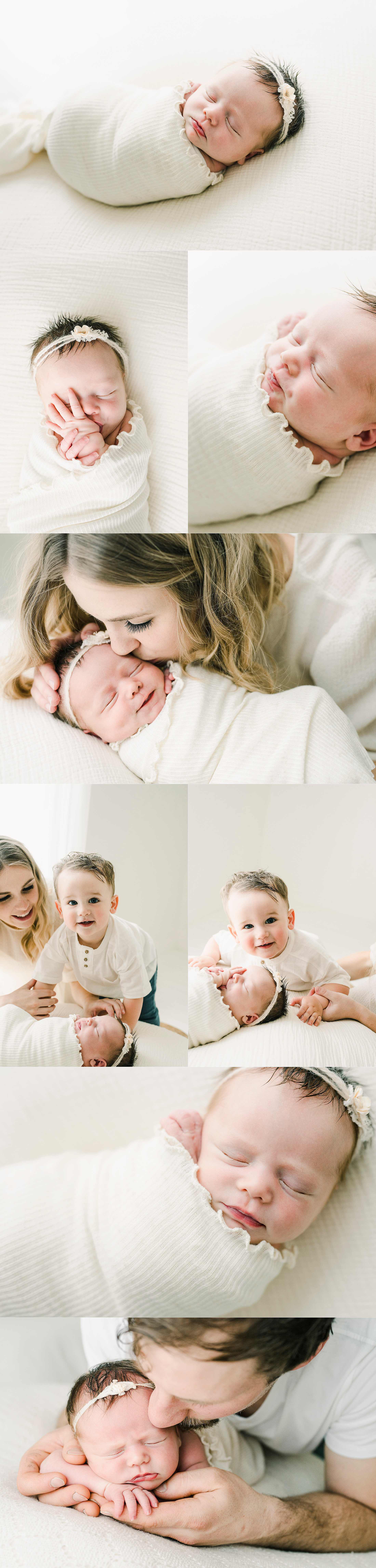 mother gently kisses her newborn baby in natural light, all white studio setting