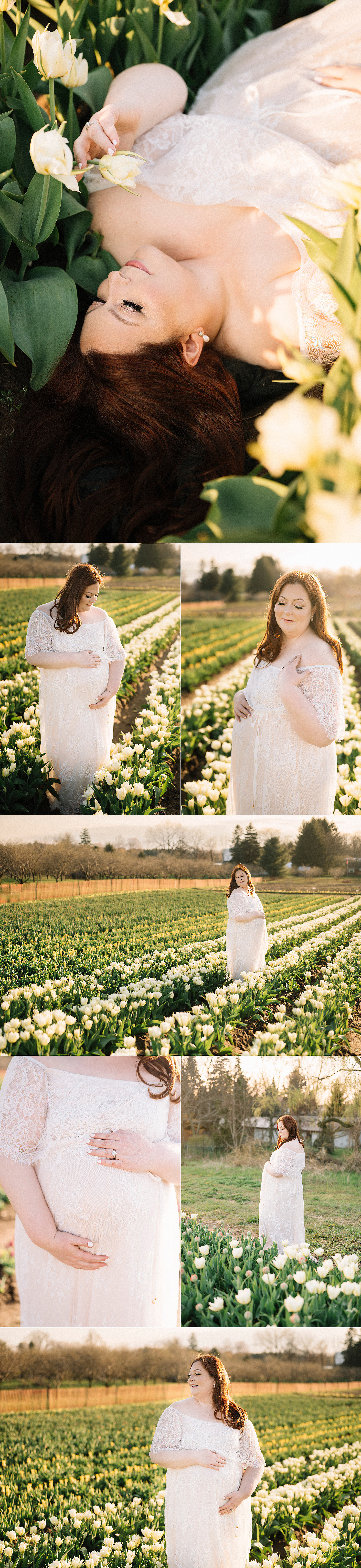 artistic maternity portraits in field of tulips