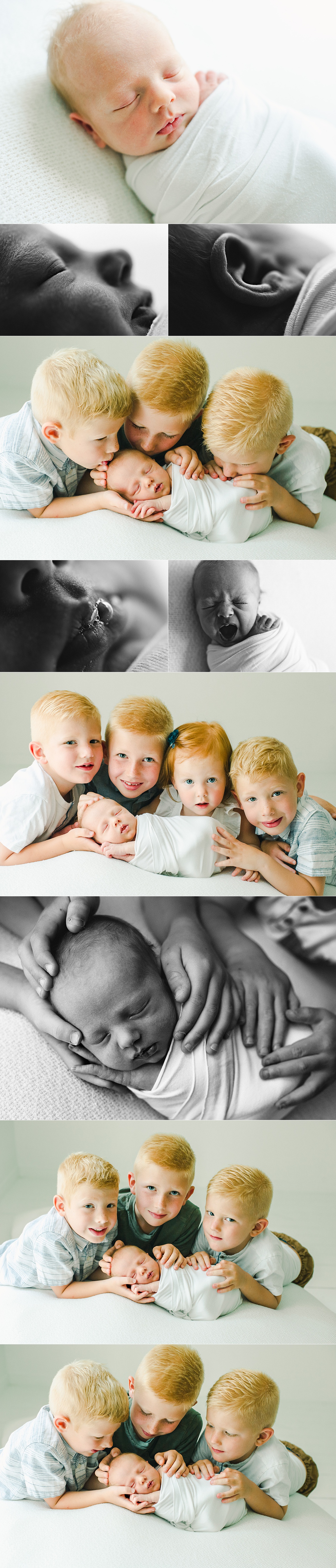 proud older siblings surround newborn baby brother with love 